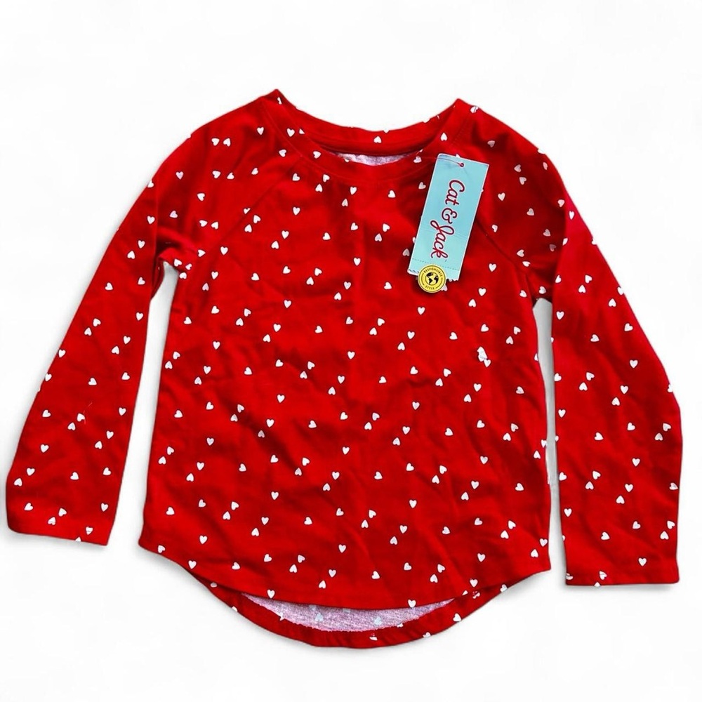 New!! Cat & Jack Red Long Sleeve Shirt with White Heart Valentine’s Day Pattern